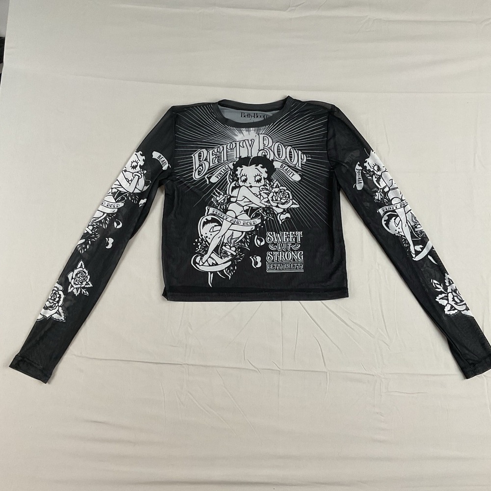 Betty Boop Cropped Mesh Long Sleeve Black Pullover Tattoo Graphic T Shirt Size L
